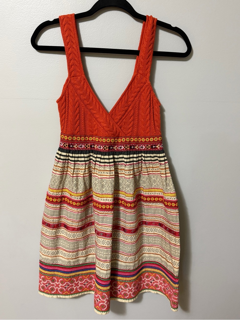 Free People Mixed Media Sweater Dress Boho Cable Knit Printed Skirt Size 4